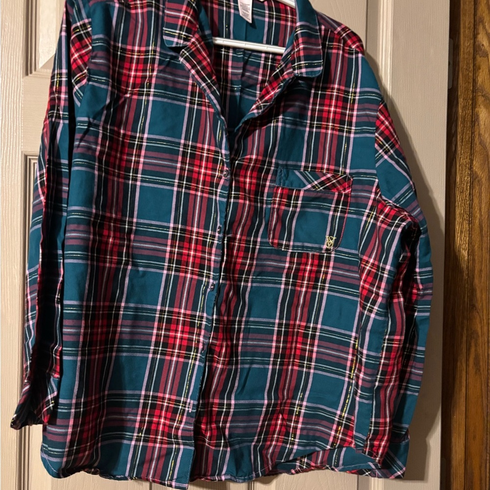 Victoria's Secret PJ top Teal and Red Plaid Button-Down Shirt